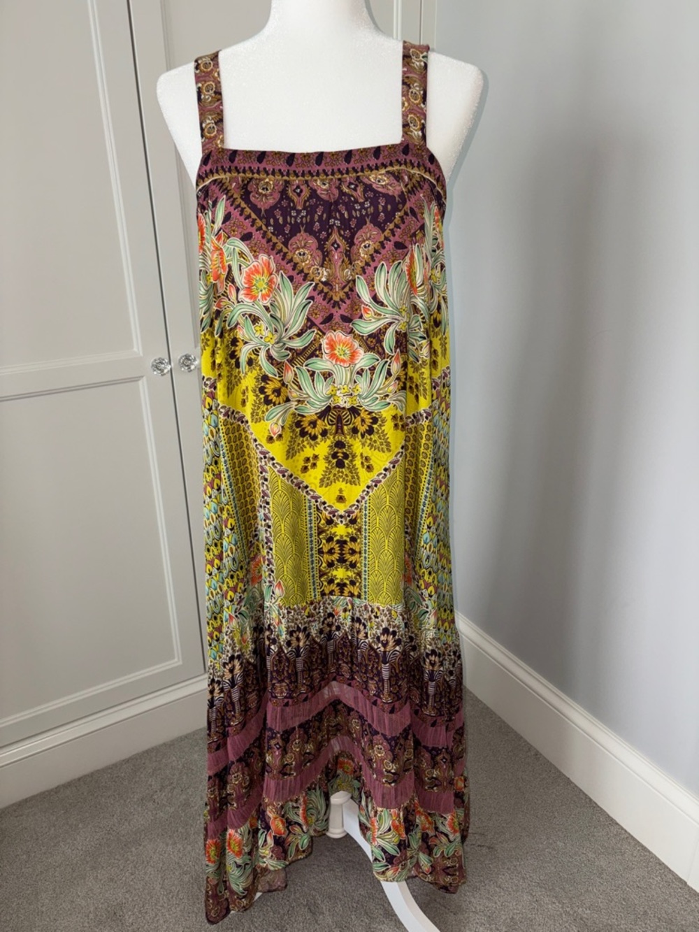 Anthropologie Yellow and Purple Floral Paisley Maxi Dress-Style Skirt
